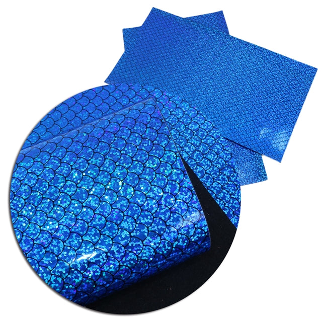 Blue Hologram Embossed Mermaid Fish Scales ~ Vegan Faux Leather
