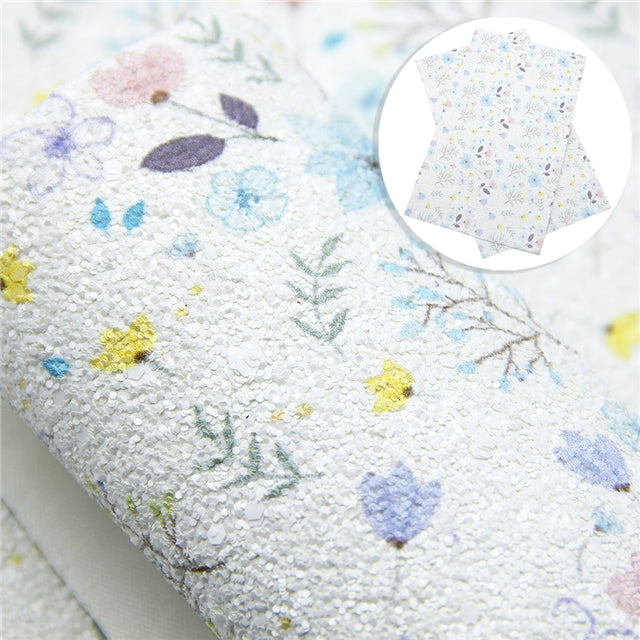 Chunky Glitter Floral ~ White Blue Yellow Canvas Craft Fabric Sheets