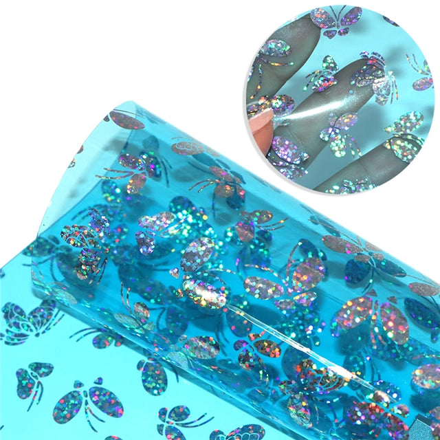 Holographic Silver Butterfly on Transparent Pink ~ Blue or Black PU