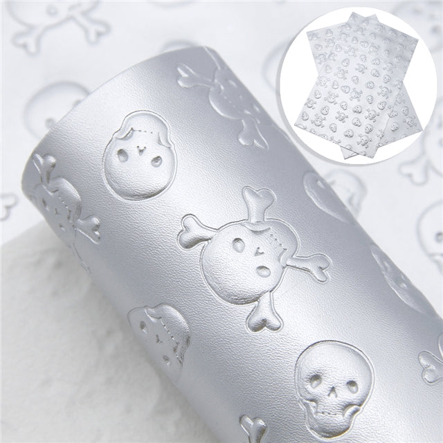 Embossed Silver Pearl Skulls ~ Halloween Faux Leather ~ .60mm