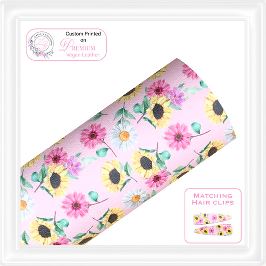 ⋅ Sunflower Bouquet Floral ⋅ Custom Printed Vegan Faux Leather & Hair Clips ⋅