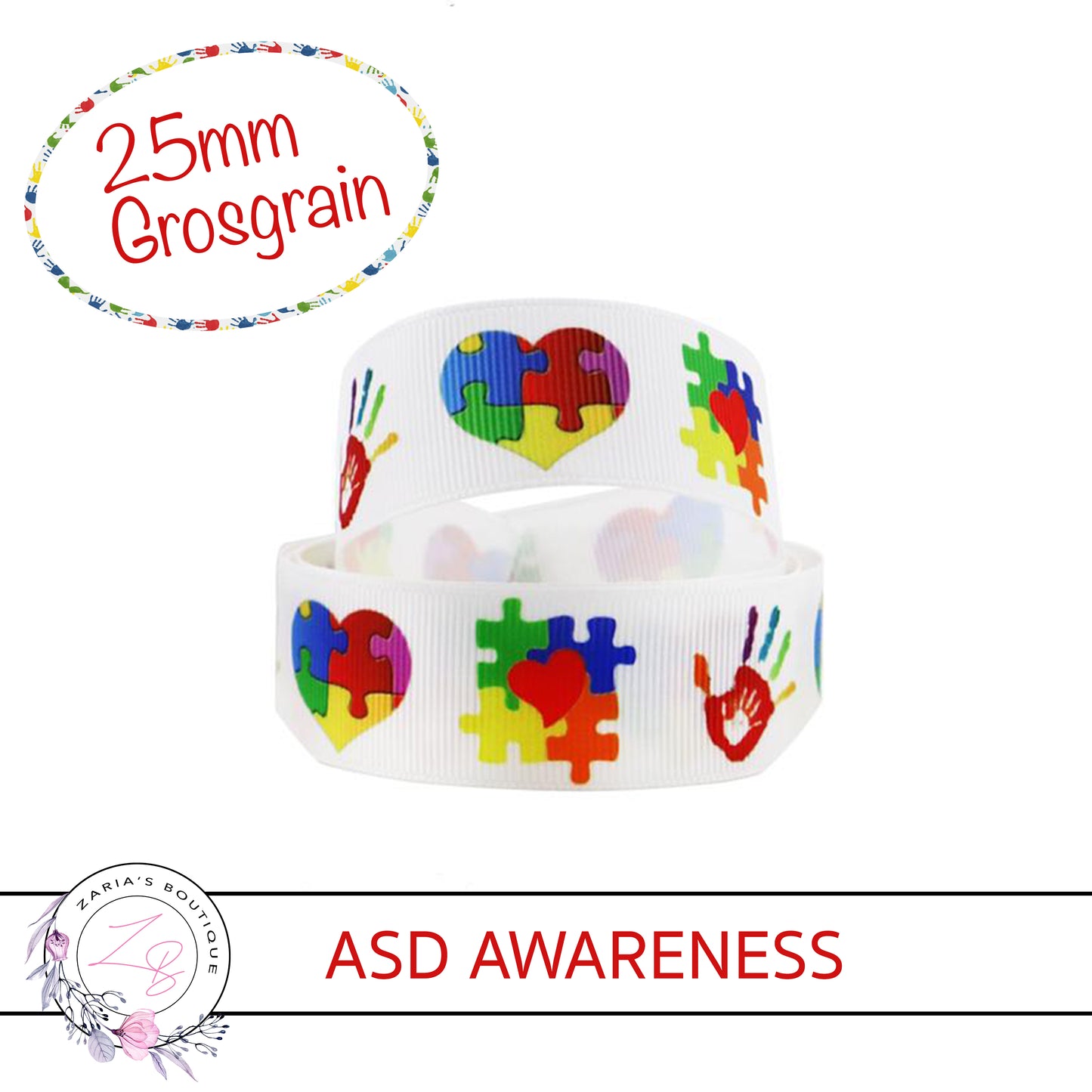 1 metre • ASD Autism Spectrum Disorder Awareness • Grosgrain Ribbon • 1"  25mm