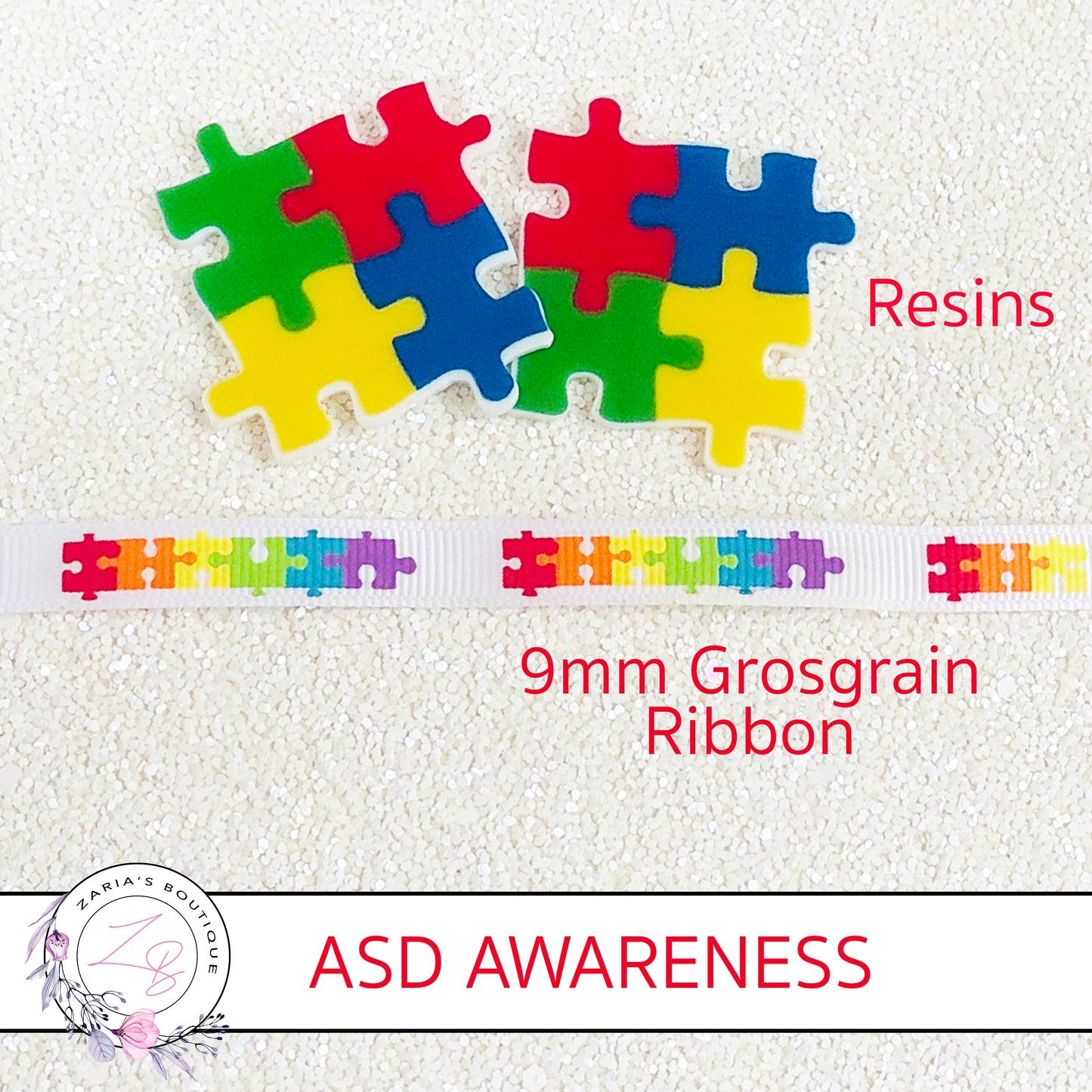 ASD Awareness Jigsaw Puzzle Piece Resin Embellishments & 9mm Grosgrain Ribbon
