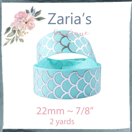 2 yards ~ Silver Foil Aqua Mermaid Scale Grosgrain Ribbon ~  7/8" ~ 22mm
