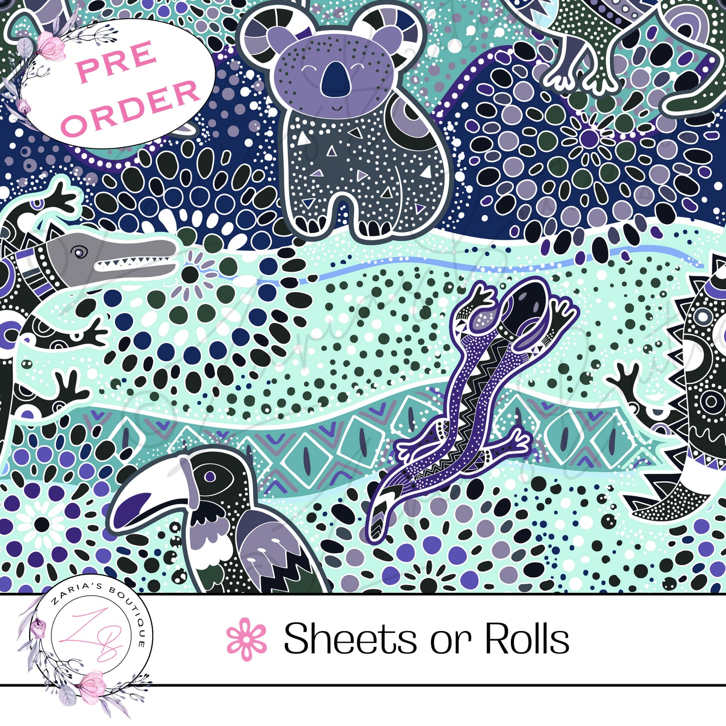 ⋅ Purple & Aqua Aussie Animals ⋅ Custom Luxe Vegan Faux Leather ⋅ Sheets or Rolls! ⋅
