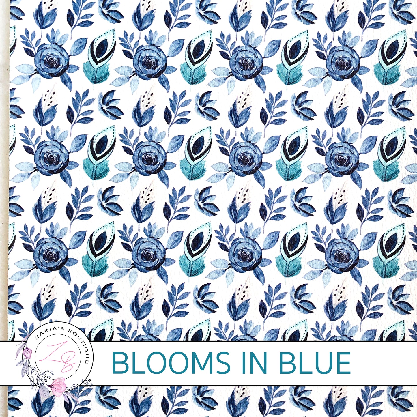 Custom Blooms In Blue Boho Feather Vegan Faux Leather