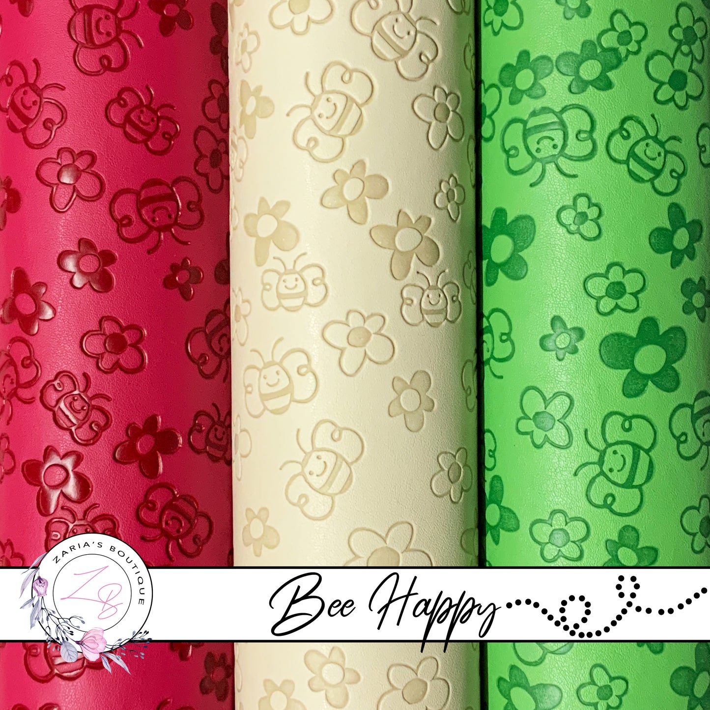 Bee Happy ~ Embossed Faux Leather ~ Rosy Red ~ Green ~ Ivory