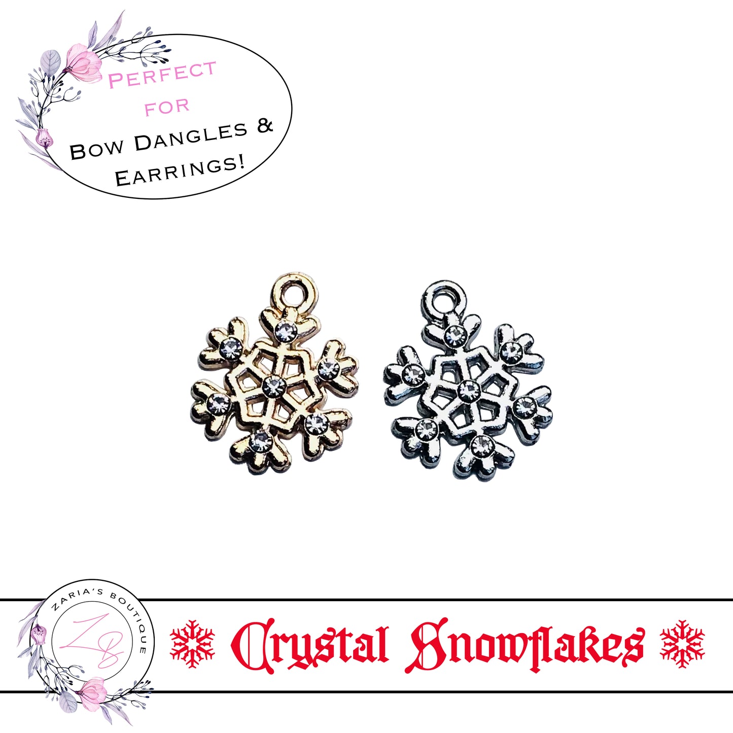⋅ Silver & Gold Snowflakes ⋅ Crystal Charm Pendant Bow Embellishment ⋅ 2 pieces