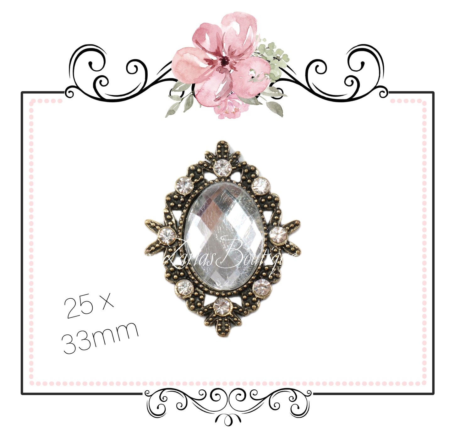 Antique Style Metal Flat Back Embellishment ~ Crystal Clear