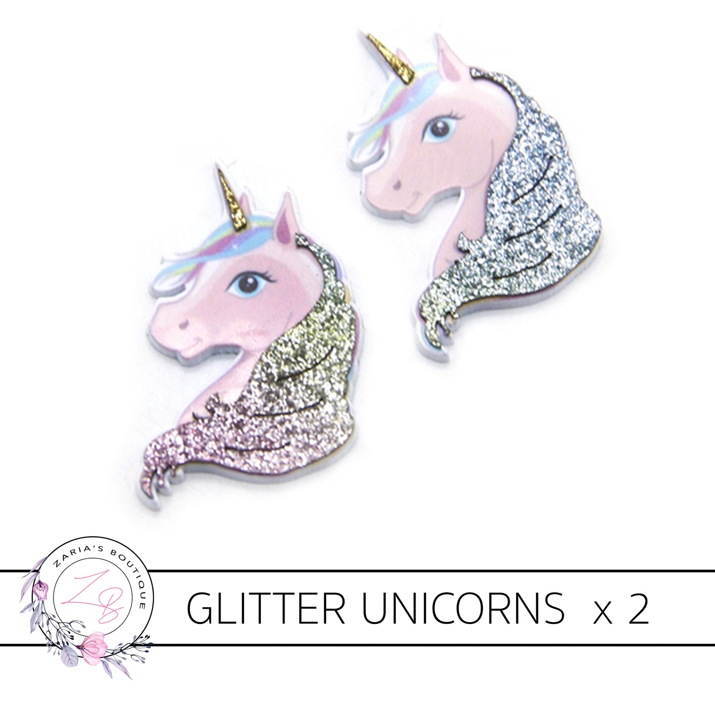 Glitter Unicorn Flat Back Resin Embellishment x 2 Pieces
