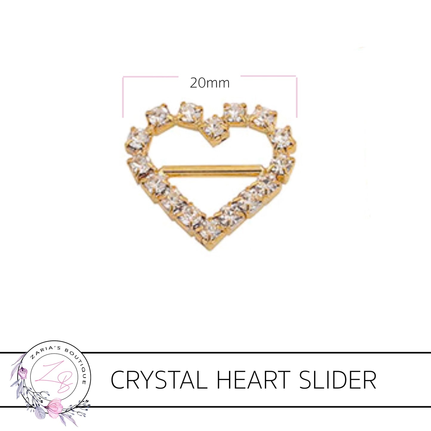 ⋅ Gold Crystal Heart Slider Buckle Embellishment ⋅ 2 Sizes ⋅
