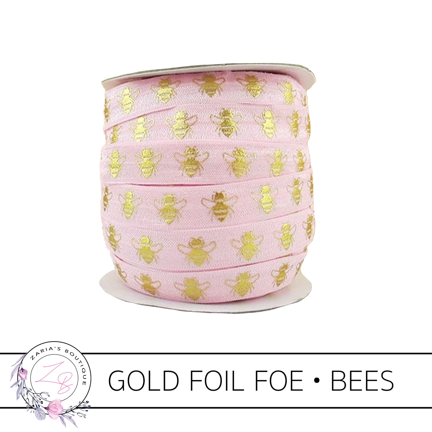 FOE • Gold Foil Embossed Bees • Pink • Headband Elastic • Fold Over Elastic