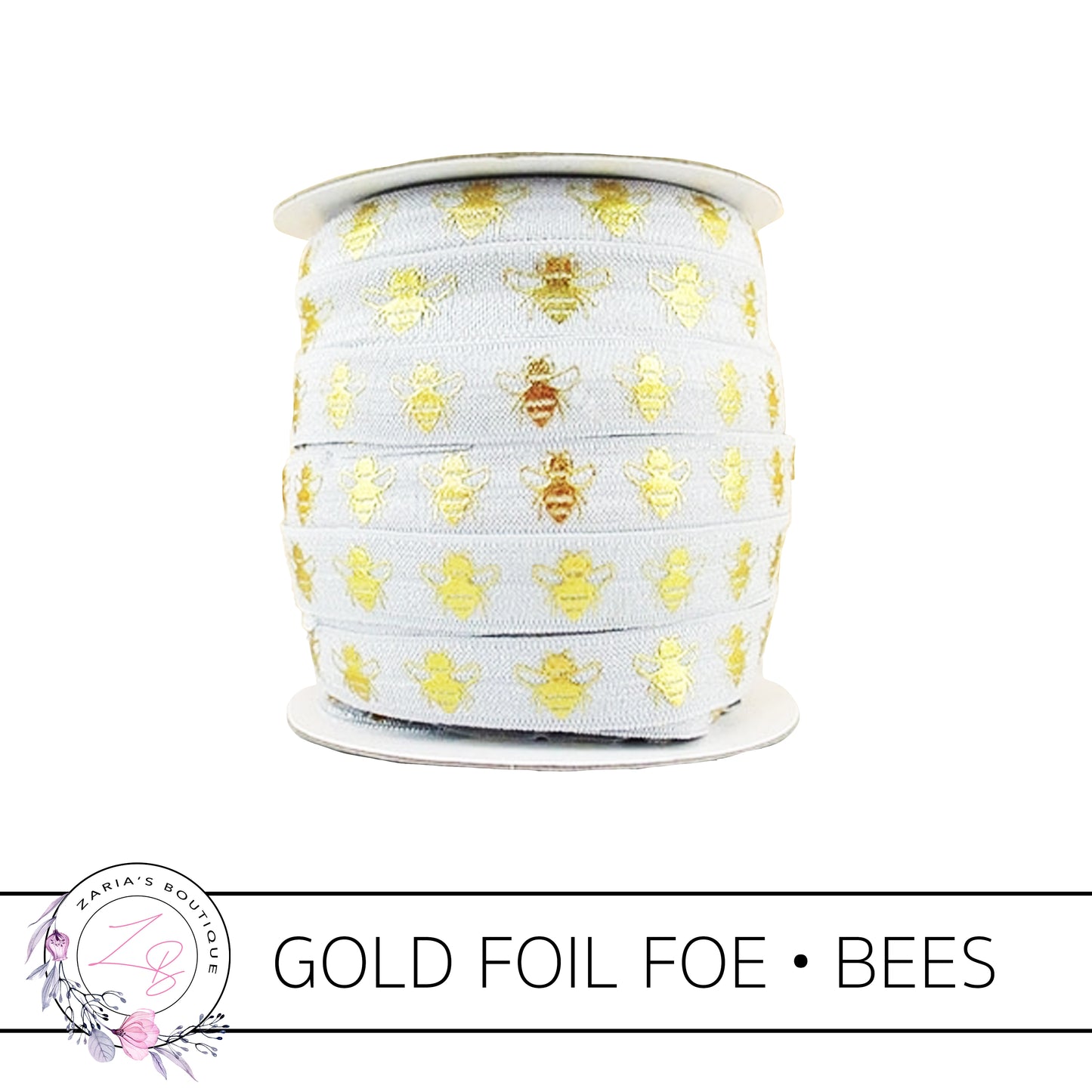 FOE • Gold Foil Embossed Bees • Yellow • Headband Elastic • Fold Over Elastic