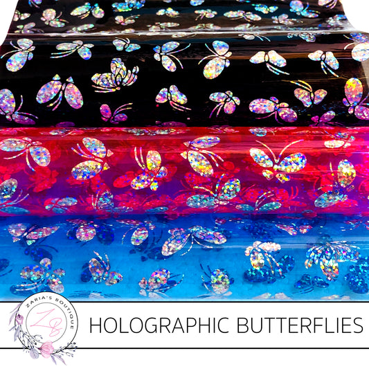 Holographic Silver Butterfly on Transparent Pink ~ Blue or Black PU