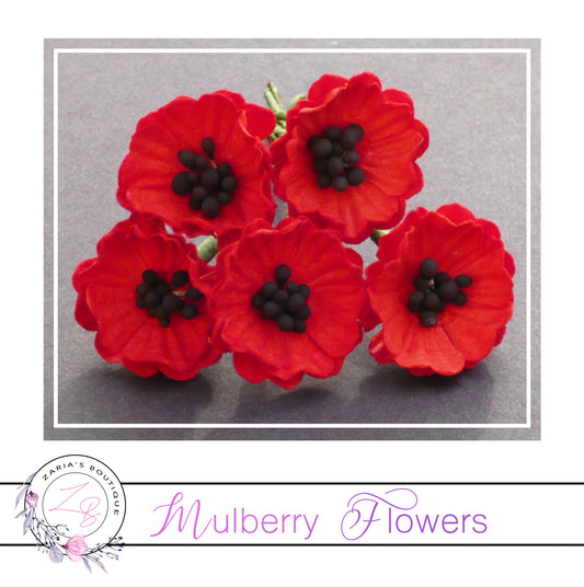 Mulberry Paper Flowers ~ Red Poppy ~ 20mm ~ 5 Pieces