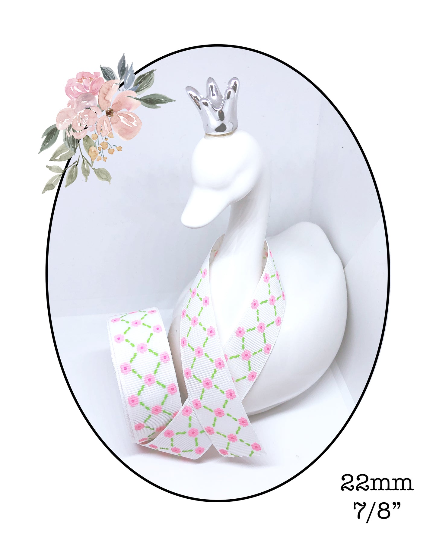 Pink Green White Trellis Floral Grosgrain Ribbon ~ 22mm ~ 7/8"