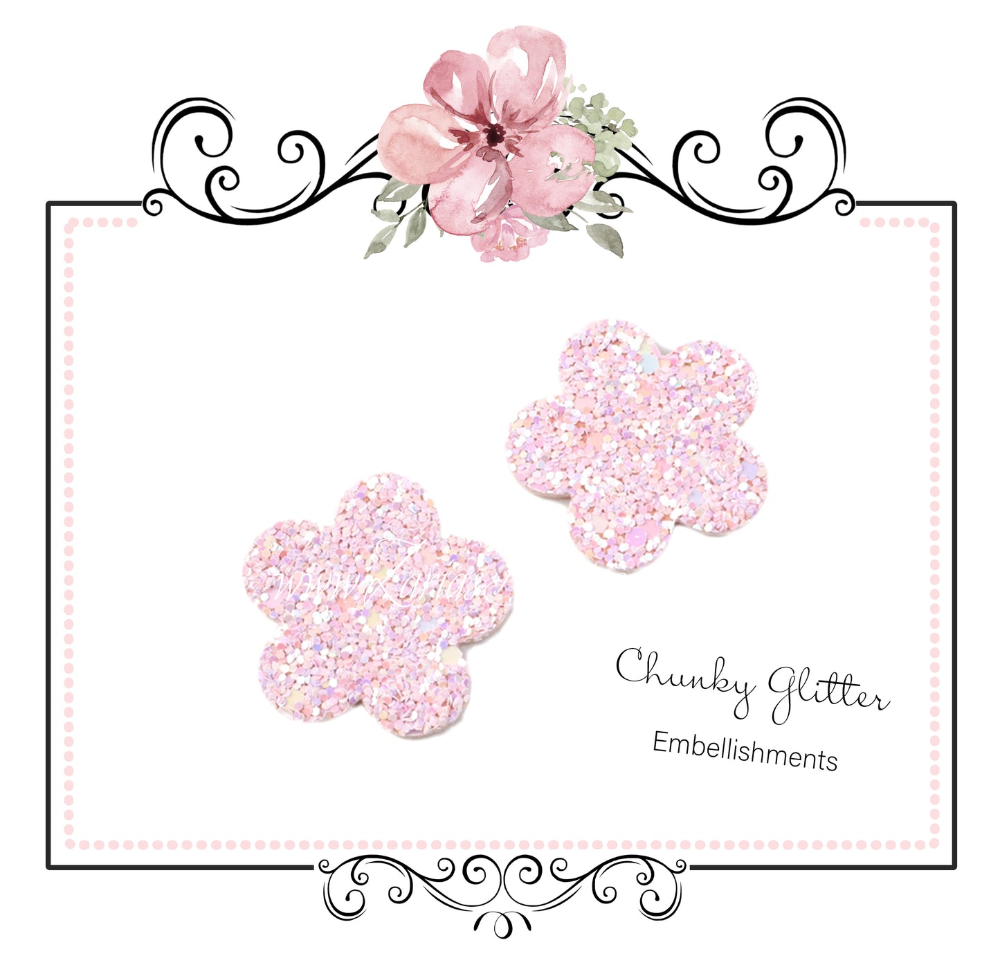 5 x Chunky Glitter Flower Embellishment ~ Pink