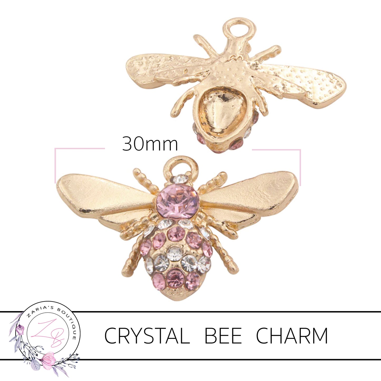 ⋅ Gold Crystal Bee Charm Embellishment ⋅ 30mm ⋅ 2 Colours