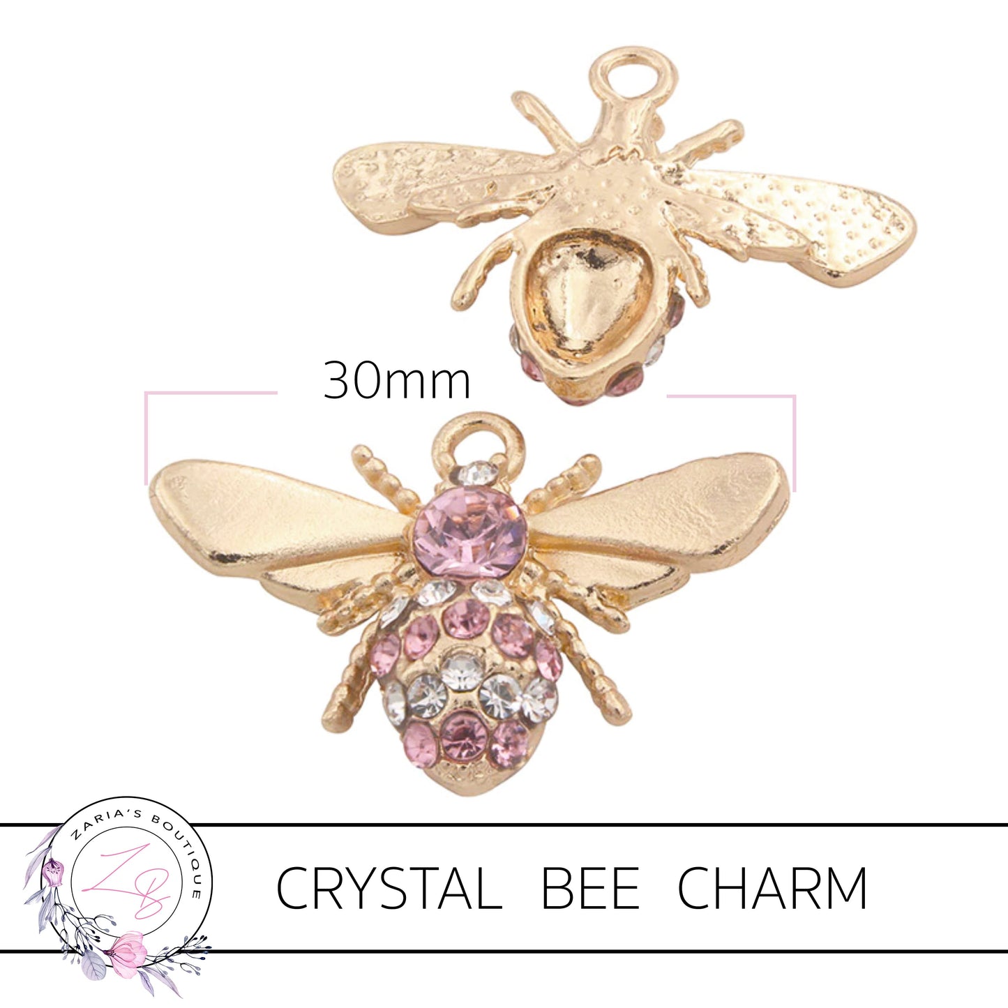 ⋅ Gold Crystal Bee Charm Embellishment ⋅ 30mm ⋅ 2 Colours