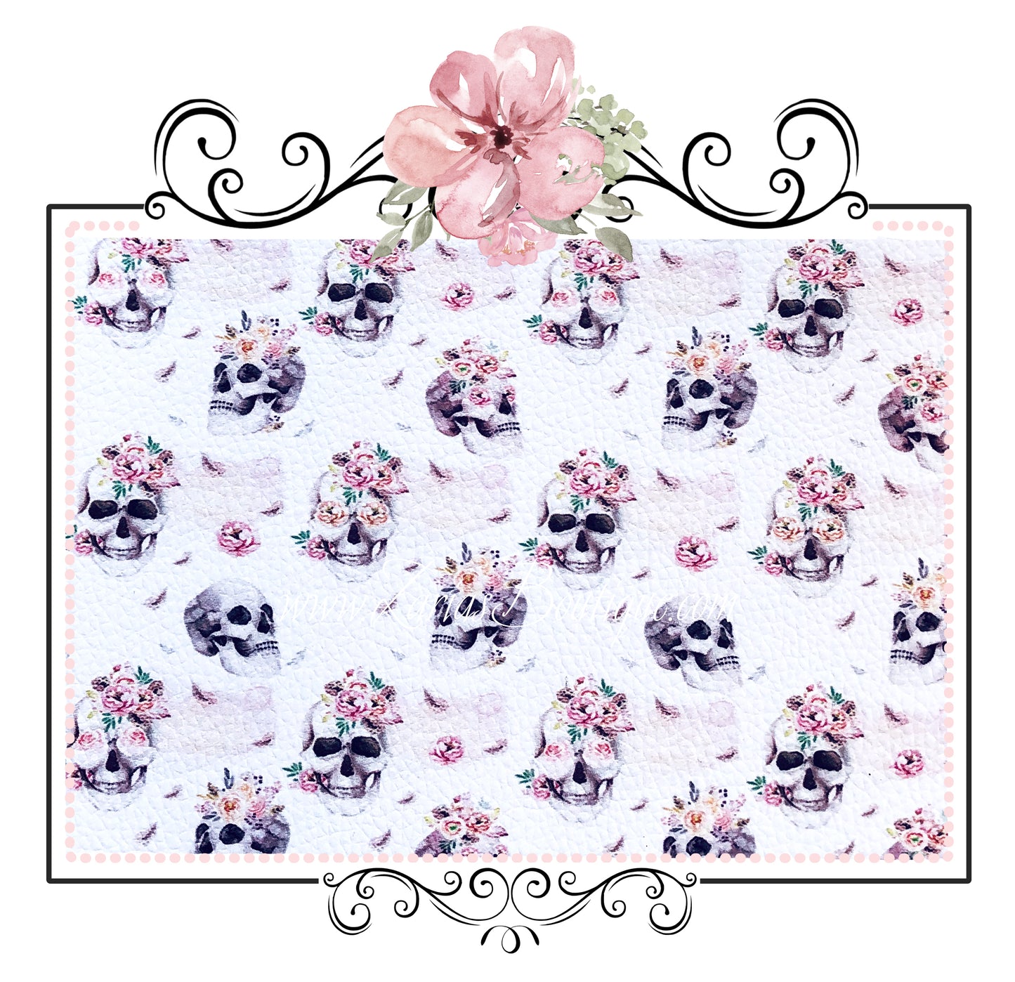 SALE  Pink Vintage Rose Skulls ~ Luxe Leatherette Fabric ~ Floral