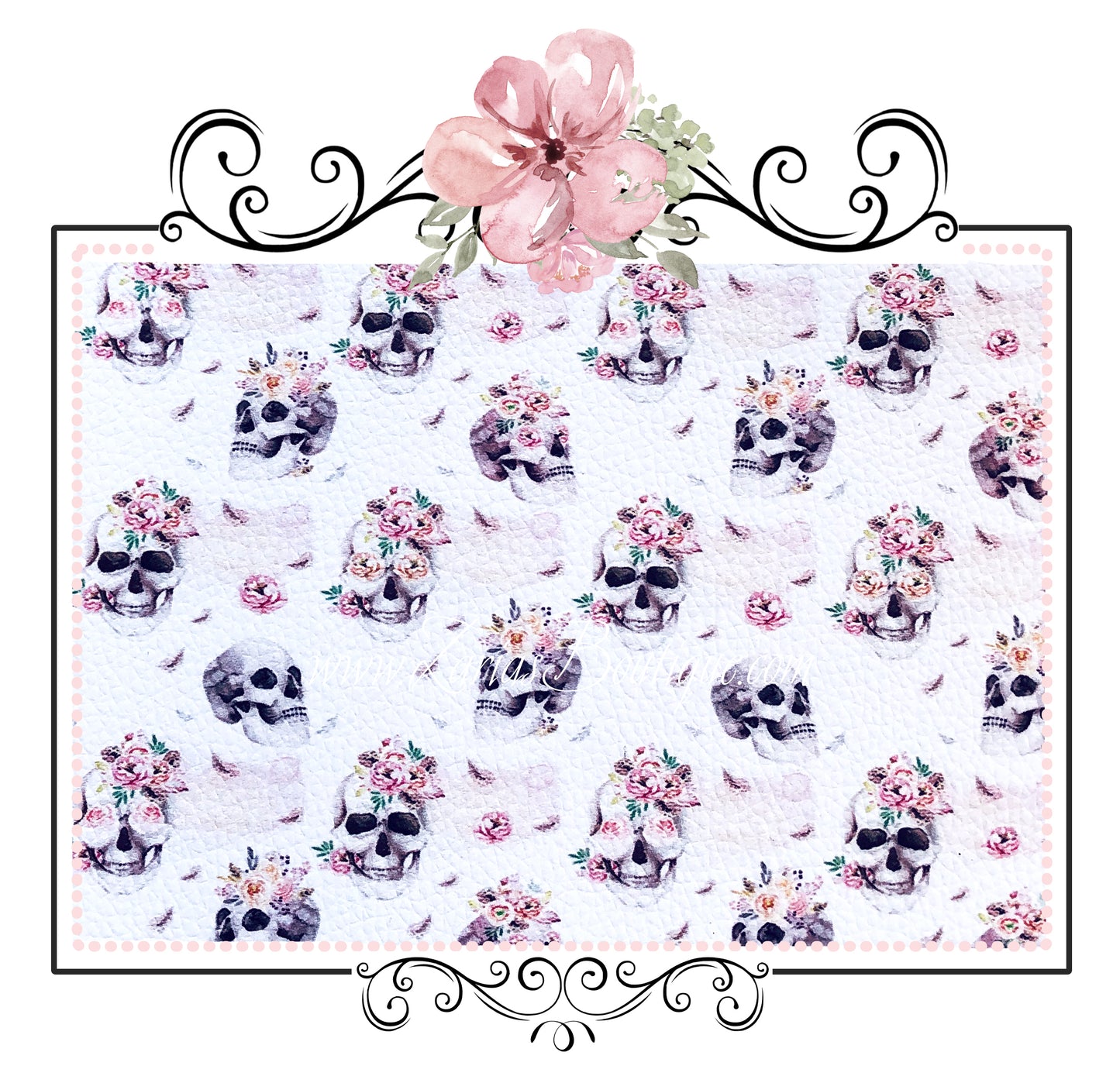 CUSTOM Pink Vintage Rose Skulls ~ Luxe Leatherette Fabric ~ Floral