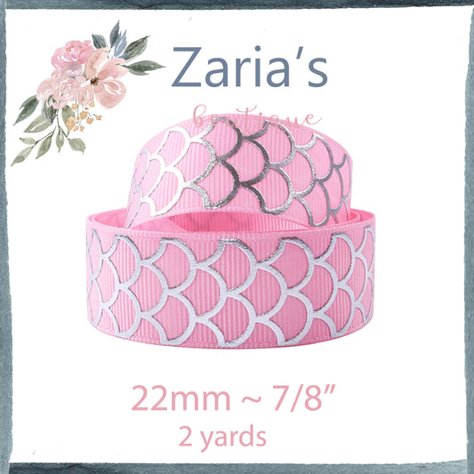 2 yards ~ Silver Foil Pink Mermaid Scale Grosgrain Ribbon ~  7/8" ~ 22mm
