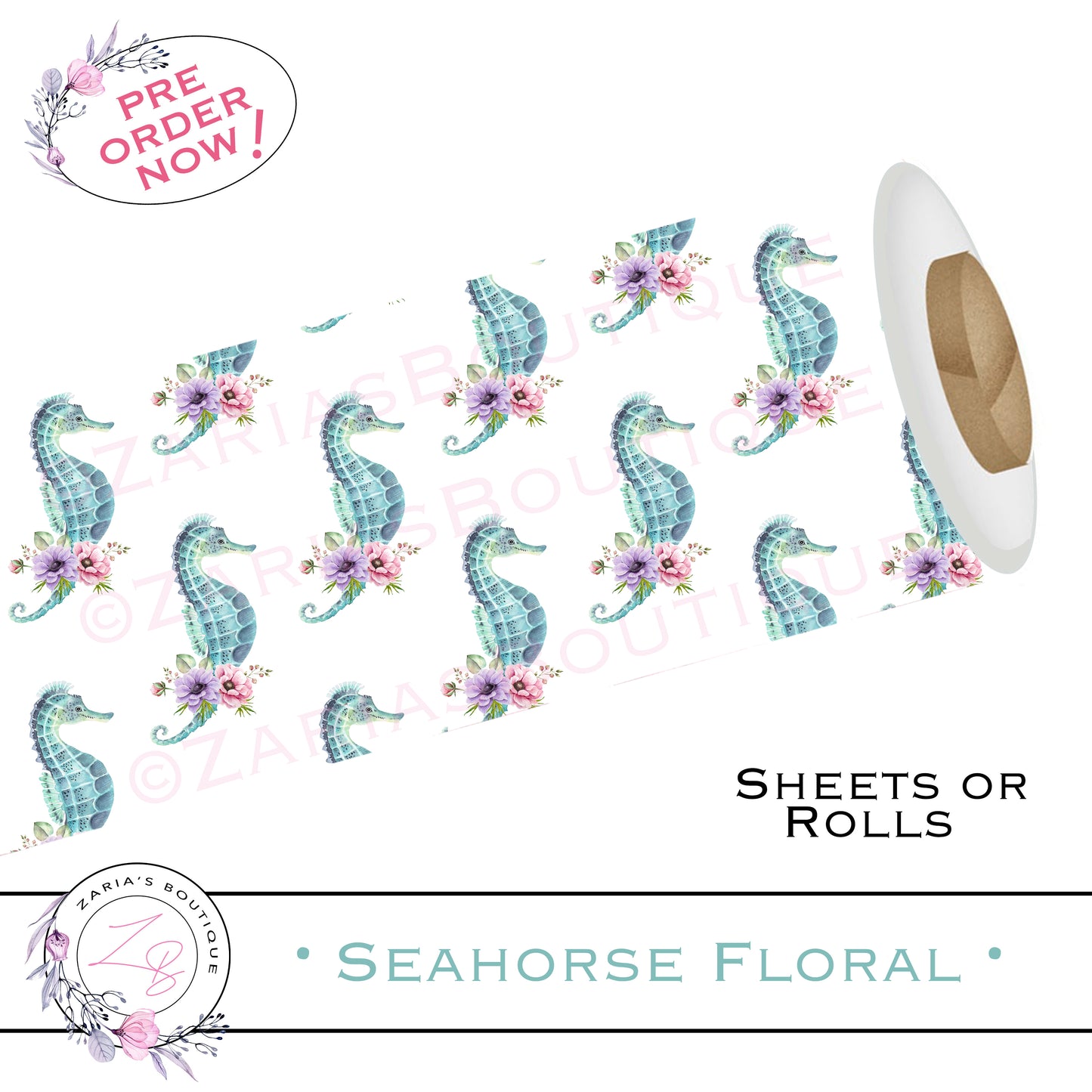⋅ Seahorse Floral ⋅ Custom Vegan Faux Leather ⋅ Sheets Or Rolls!