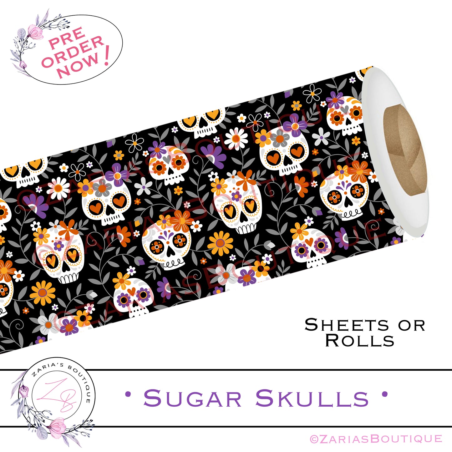 ⋅ Sugar Skulls ⋅ Custom Vegan Faux Leather ⋅ Sheets Or Rolls!