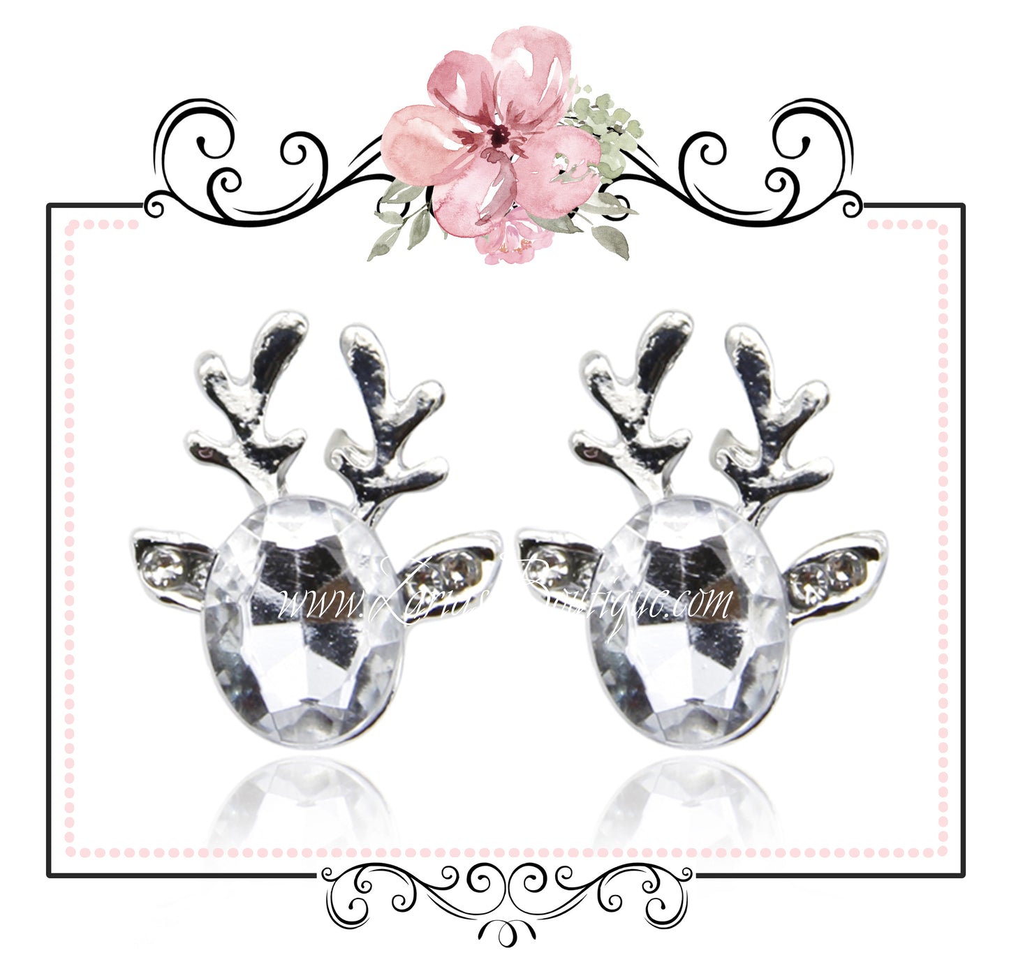 Pink Crystal Christmas Reindeer Earrings - Cut Glass Silver Alloy Pierced Stud Posts