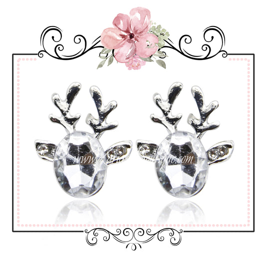 Clear Crystal Christmas Reindeer Earrings - Cut Glass Silver Alloy Pierced Stud Posts