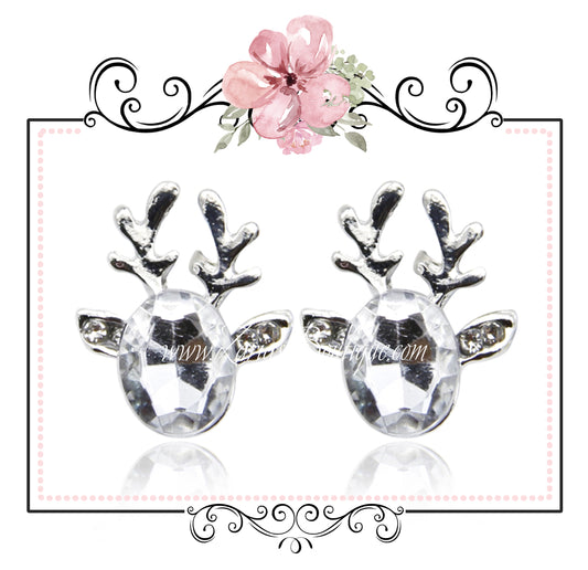 Clear Crystal Christmas Reindeer Earrings - Cut Glass Silver Alloy Pierced Stud Posts