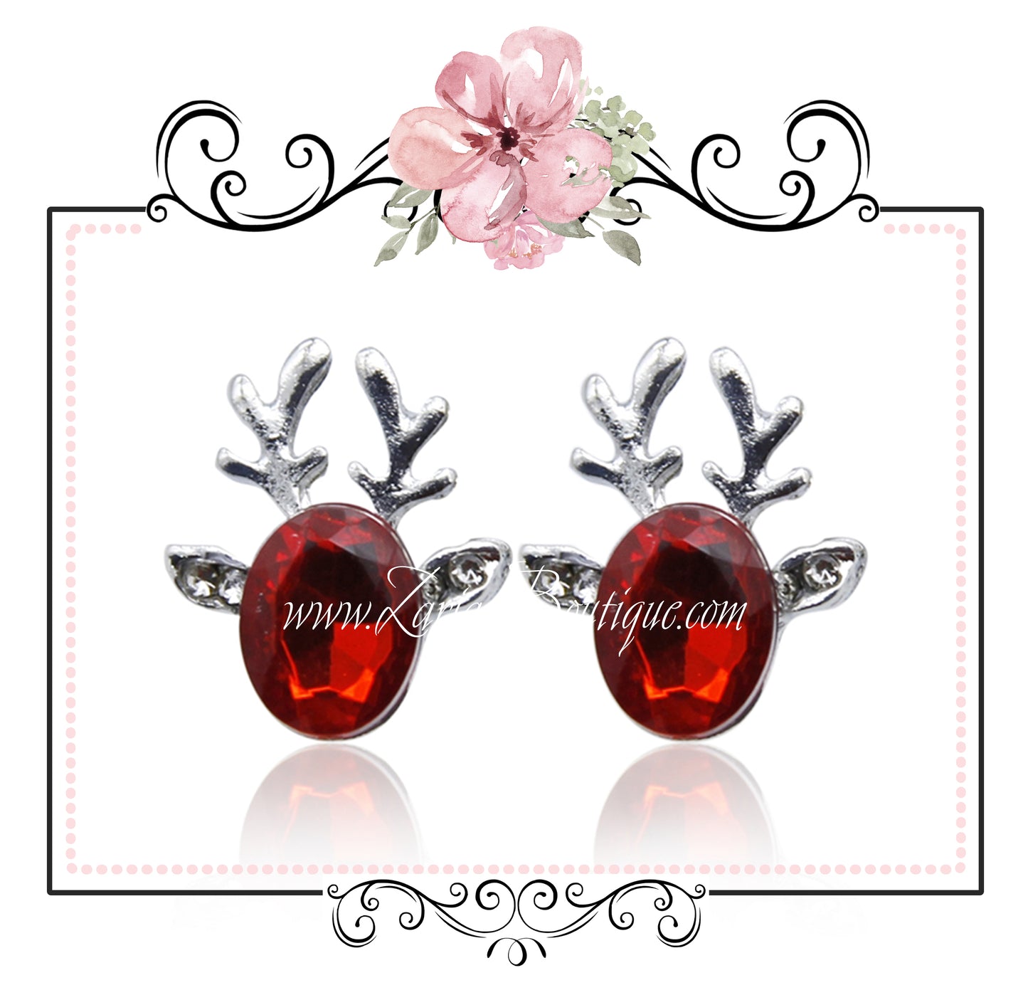 Red Crystal Christmas Reindeer Earrings - Cut Glass Silver Alloy Pierced Stud Posts