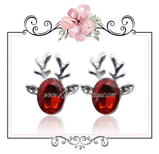 Red Crystal Christmas Reindeer Earrings - Cut Glass Silver Alloy Pierced Stud Posts