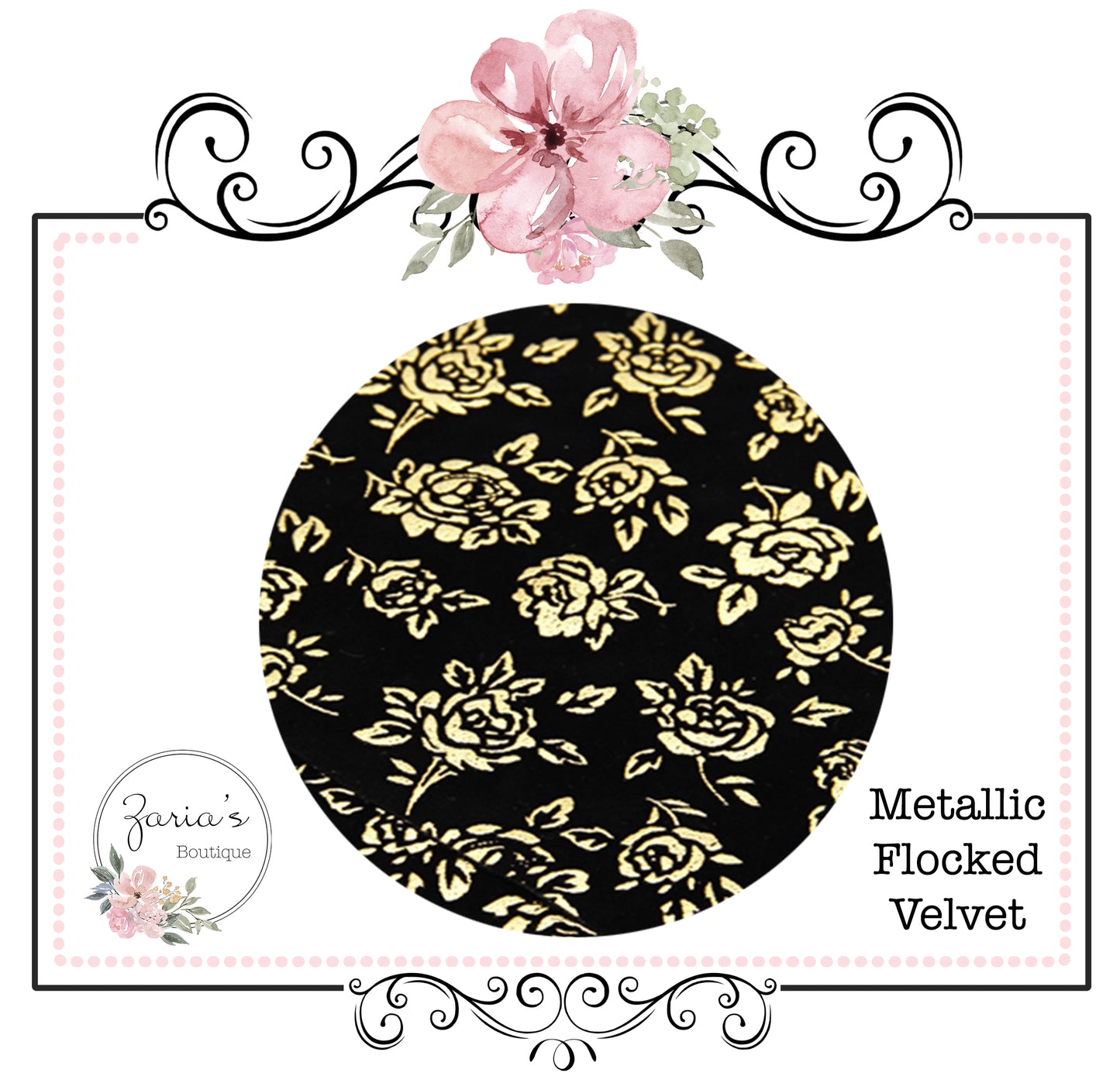 Metallic Pink Rose on Black Flocked Velvet