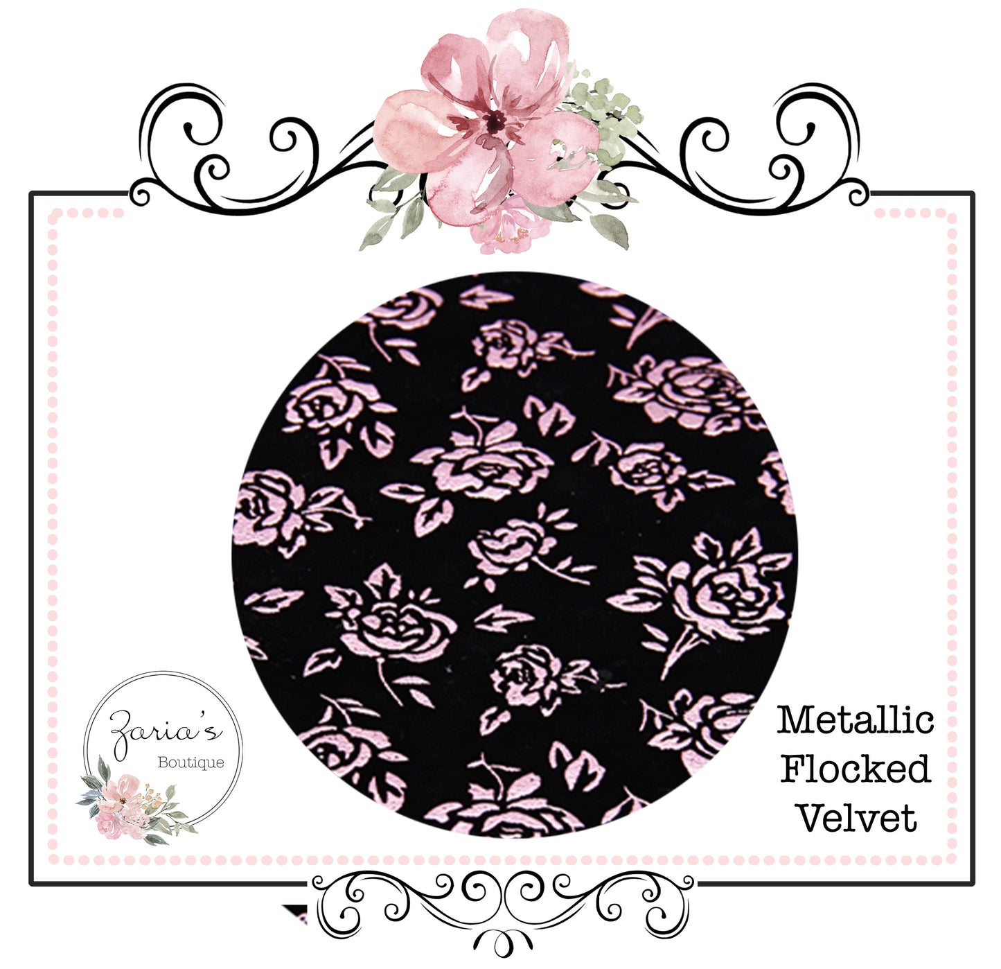 Metallic Silver Rose on Black Flocked Velvet