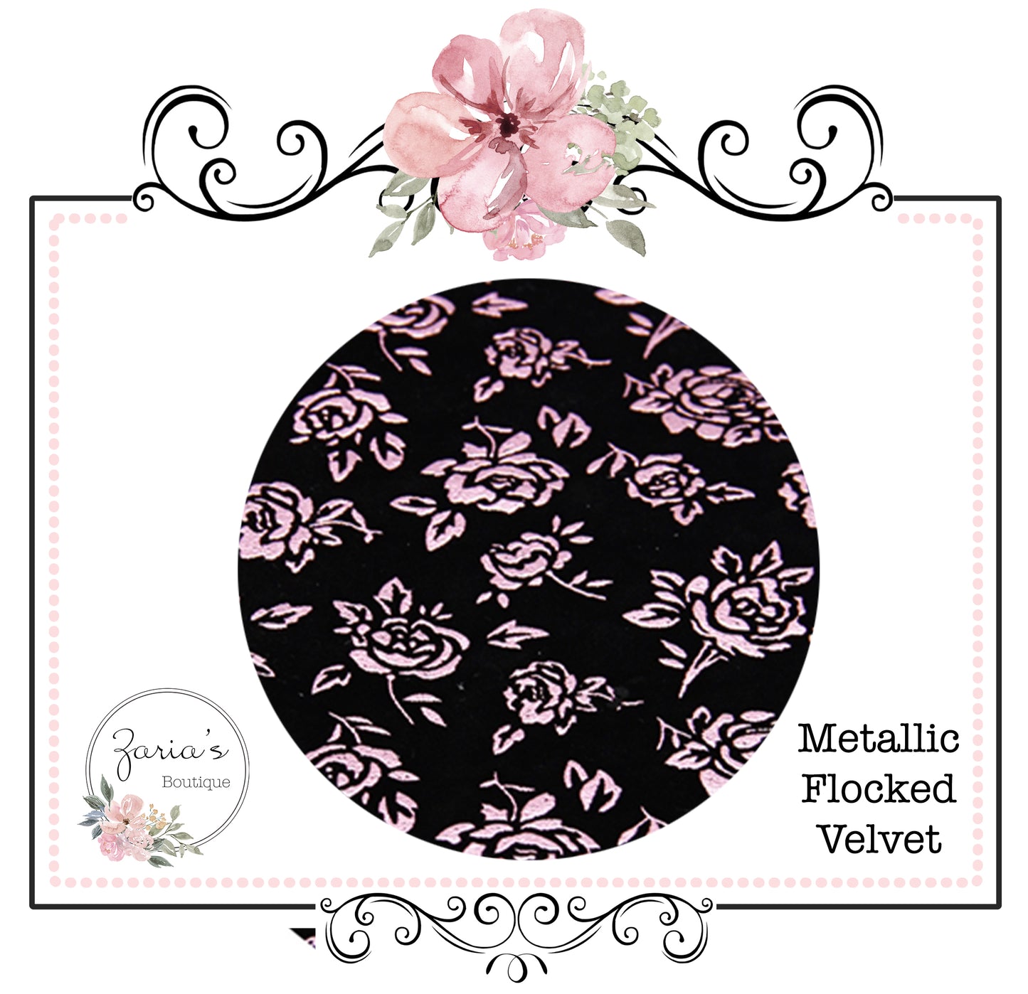 Metallic Pink Rose on Black Flocked Velvet
