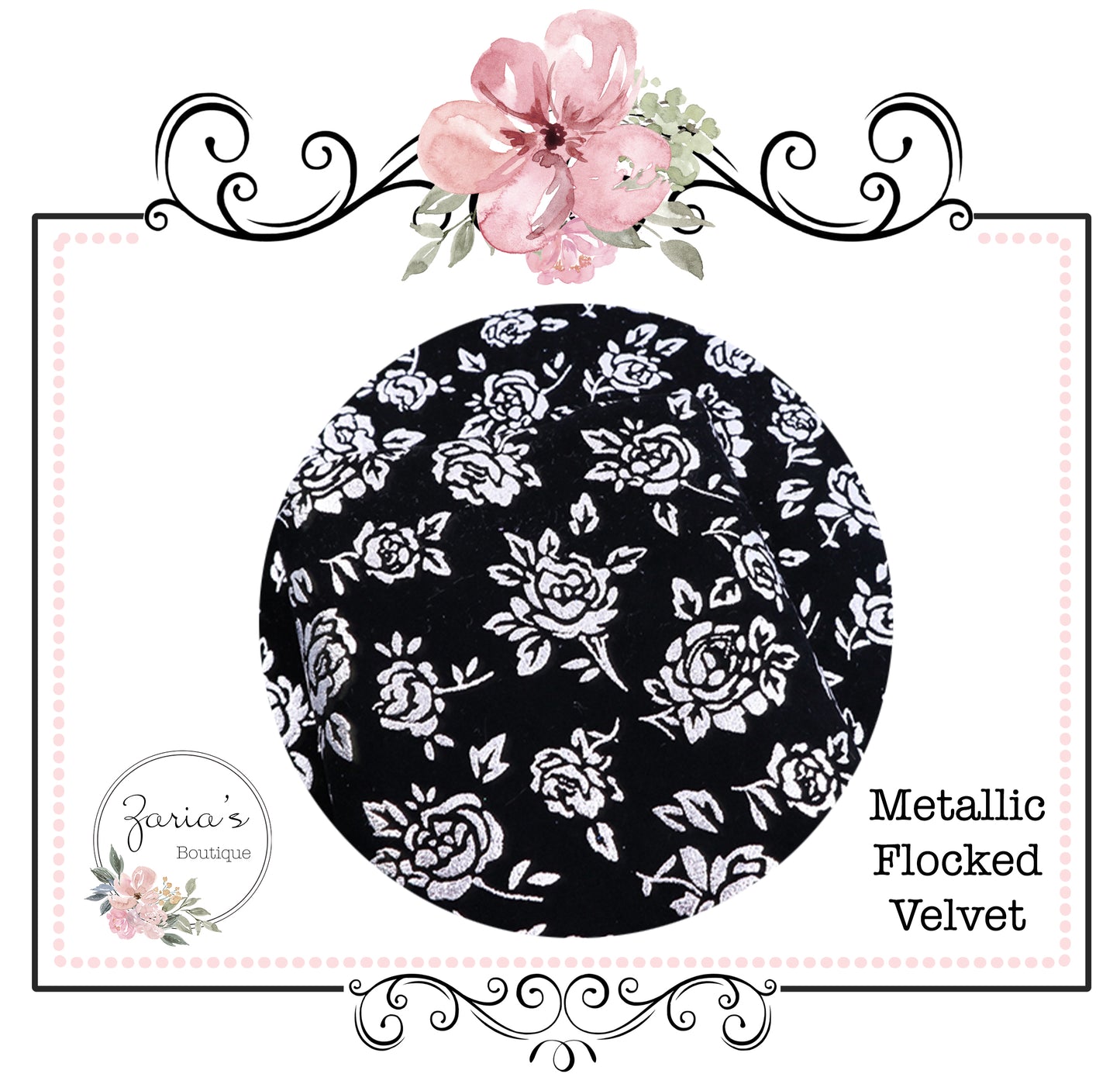 Metallic Pink Rose on Black Flocked Velvet