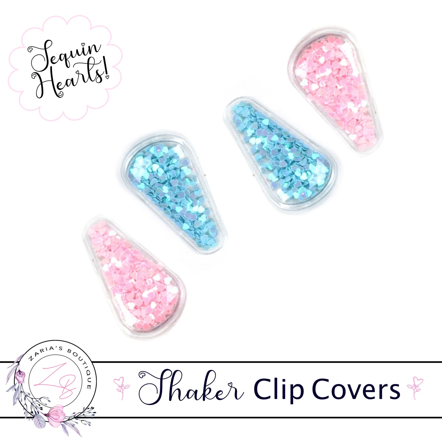 ⋅ Sequin Hearts ⋅ Shaker Snap Clip Covers ⋅ Pack of 2 ⋅ Pink & Blue