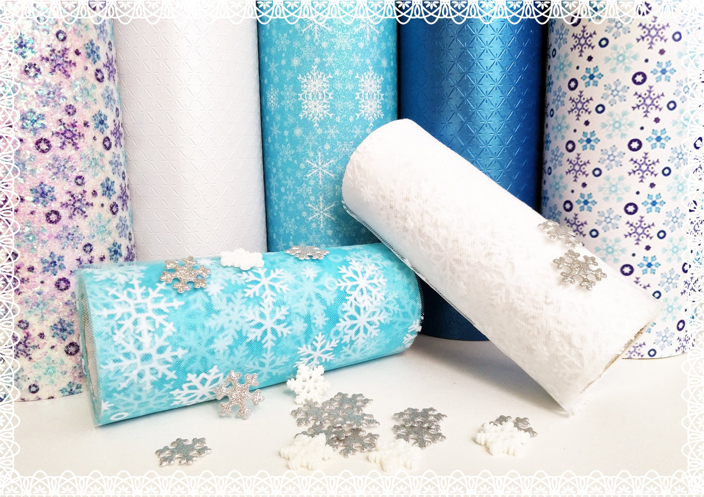 Embossed Snowflakes ~ Blue Vegan Faux Leather Fabric Sheets