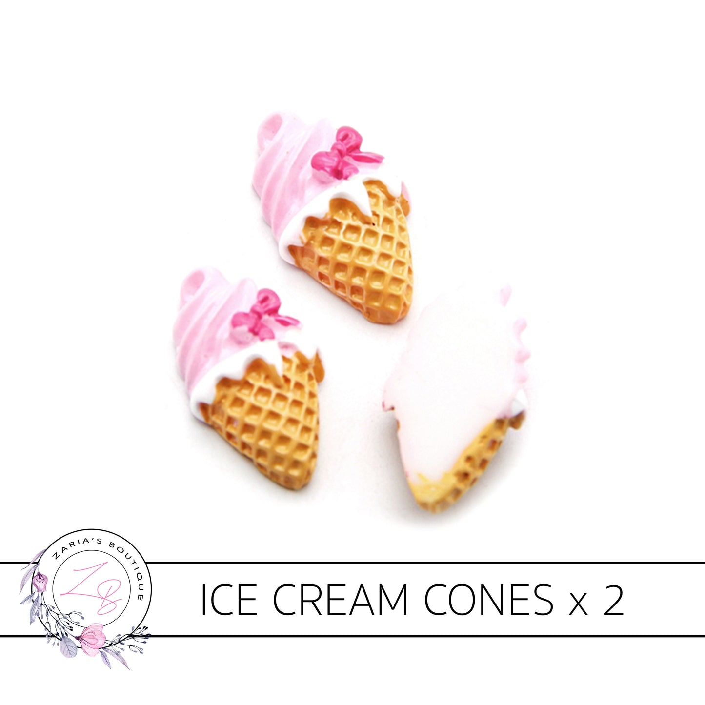 Strawberry OR Vanilla x 2 Pieces ~ Ice Cream Waffle Cone Resin Flat Back Embellishment ~