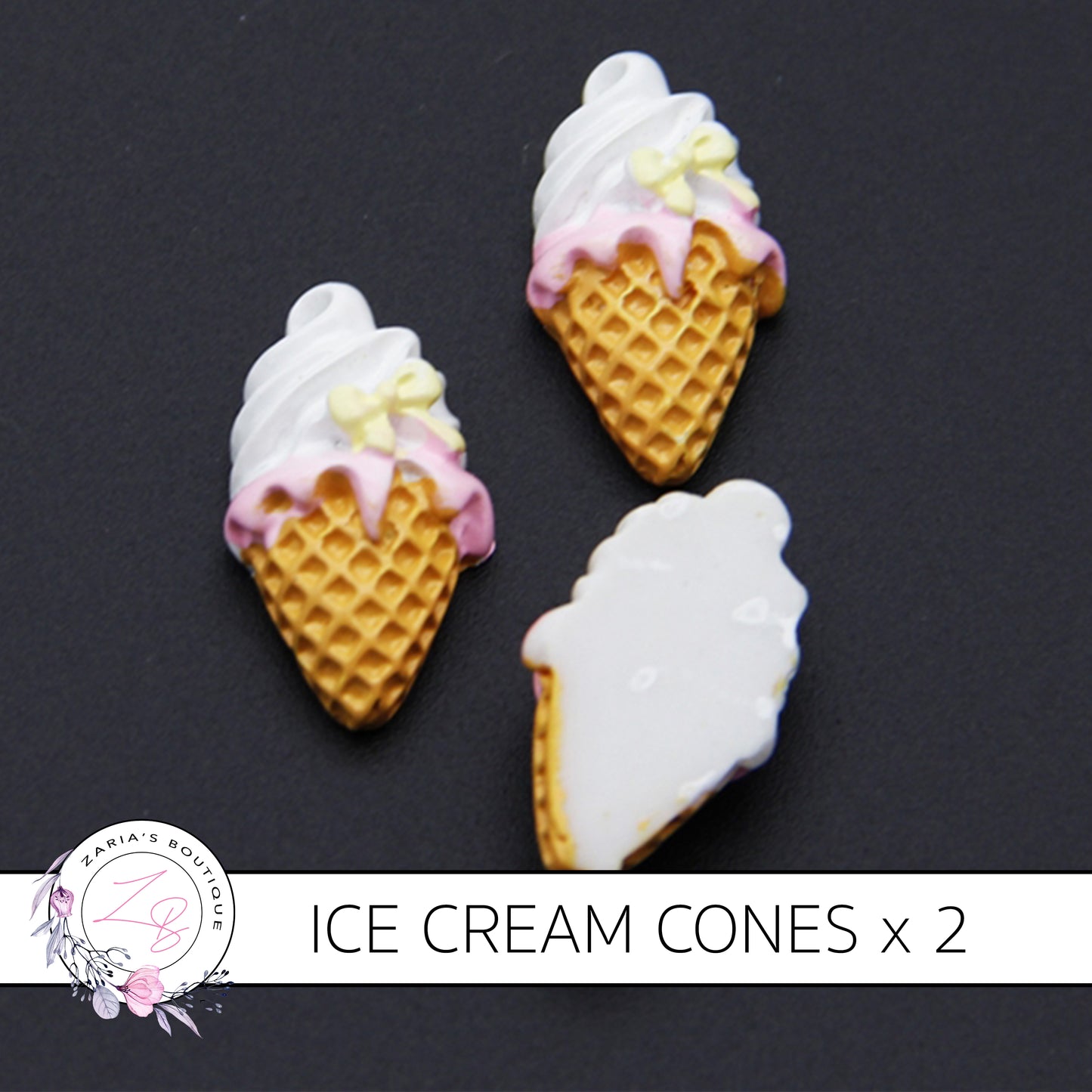 Strawberry OR Vanilla x 2 Pieces ~ Ice Cream Waffle Cone Resin Flat Back Embellishment ~