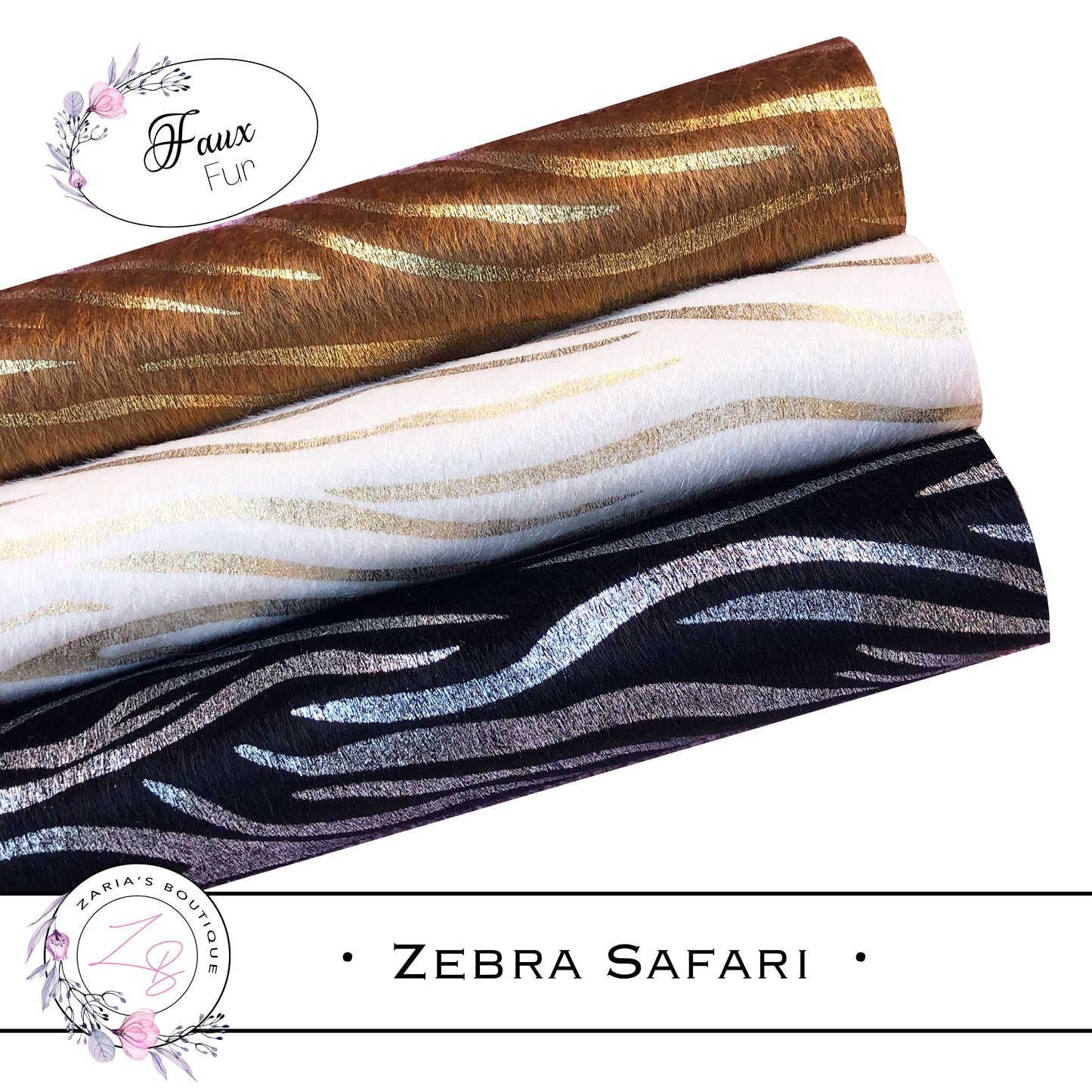 ⋅ Zebra Safari ⋅ Gold/Silver Stamped Vegan Faux Fur Leather ⋅ 3 Colours