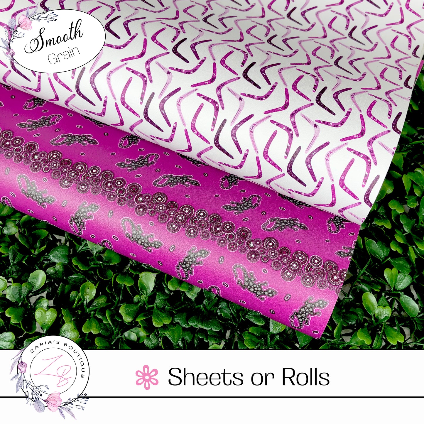 ⋅ Pink Lizards & Boomerangs ⋅ Exclusive Premium Vegan Faux Leather ⋅ Sheets Bundles or Rolls! ⋅