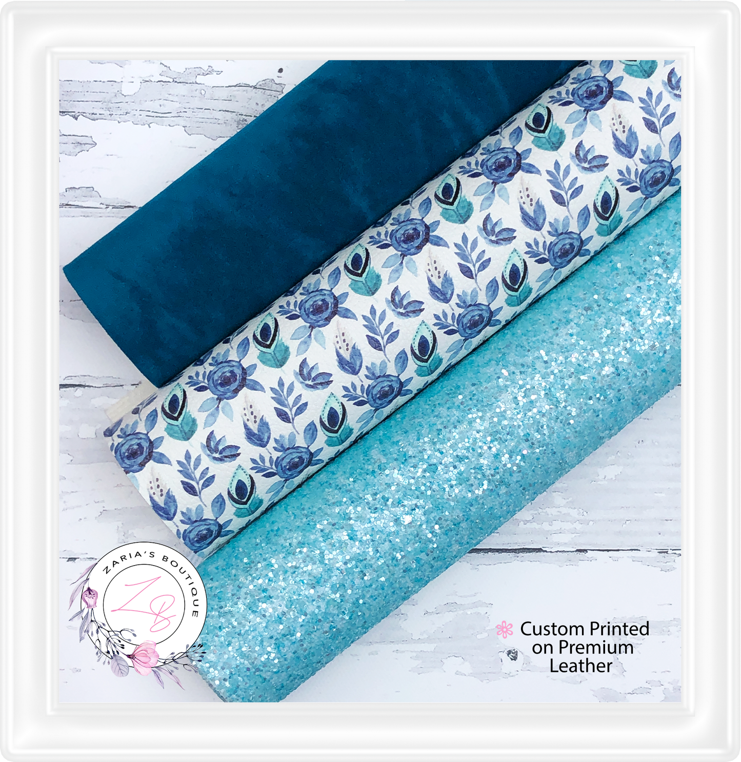 ⋅ Blue Peacock Feather Bundle ⋅ Premium Custom Vegan Faux Leather Glitter & Velvet