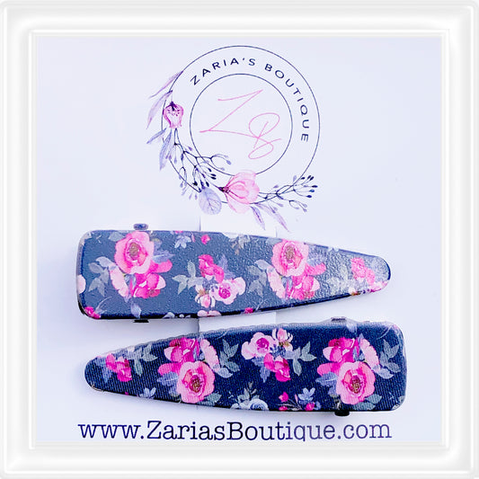⋅ EXCLUSIVE ⋅ Navy Rose Floral ⋅ Silver ⋅ Premium Hair Clips ⋅