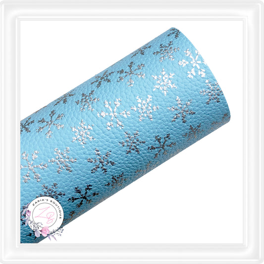 Silver Foil Snowflakes ~ Blue Vegan Faux Leather Fabric Sheets