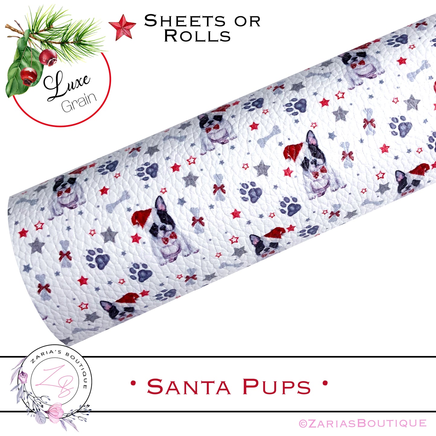 ⋅  Christmas Santa Pups ⋅ Luxe Vegan Faux Leather ⋅ Sheets or Rolls! ⋅