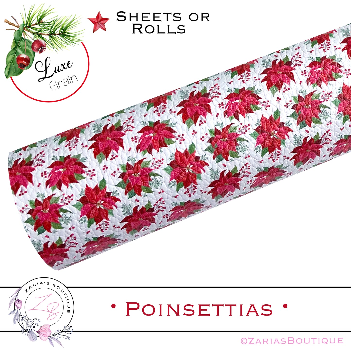 ⋅ Christmas Poinsettias ⋅ Luxe Vegan Faux Leather ⋅ Sheets or Rolls! ⋅