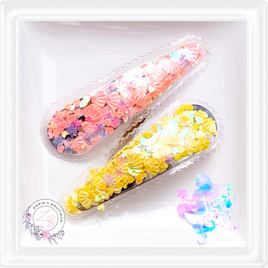 • Sequin Shaker Shell Hair Clips • Ready Made • 2 Colours • Per Pair •