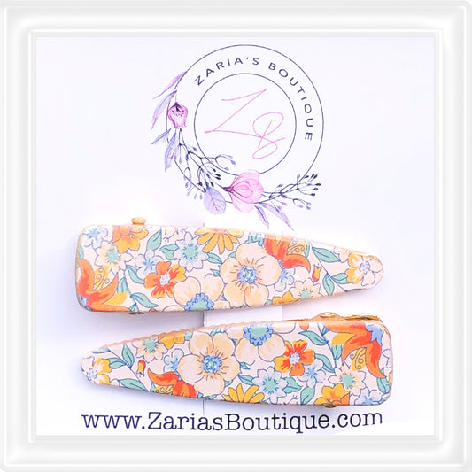 ⋅ EXCLUSIVE ⋅ Orange Blossoms ⋅ Orange Blue Floral ⋅ Premium Gold Hair Clips ⋅
